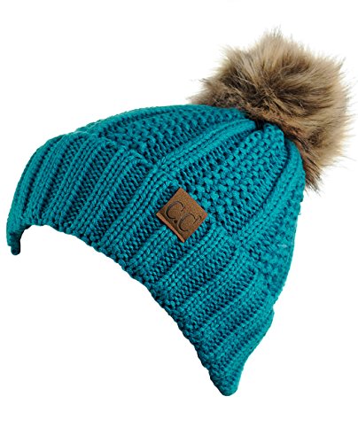 C.C Thick Cable Knit Faux Fuzzy Fur Pom Fleece Lined Skull Cap Cuff Beanie, Teal - Image 3